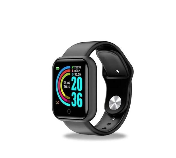 “Black smart fitness watch with full-color touch screen showing time, date, and activity tracking icons.”