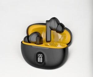 “Black and yellow TWS wireless earbuds placed inside an open charging case with LED battery display.”