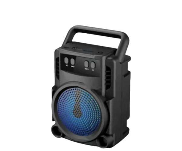 “Portable black Bluetooth speaker with blue LED light, top control buttons, and carrying handle.”